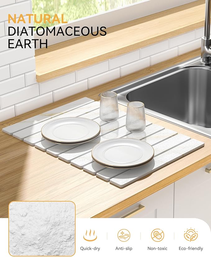 Yofidra Large Stone Dish Drying Mat for Kitchen Counter, Quick Dry Stone Mats with Absorbent Diatomaceous Earth, Foldable Roll Up Drying Organizer Pad for Utensils Plate, 24"×16", White Gold Marble - Image 2
