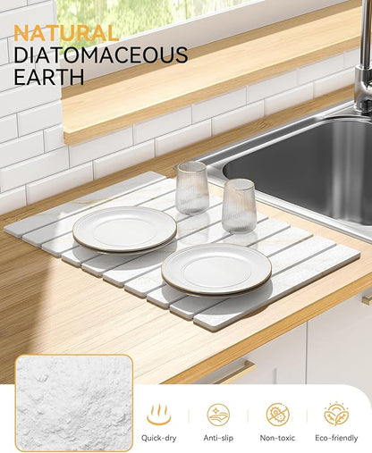 Yofidra Large Stone Dish Drying Mat for Kitchen Counter, Quick Dry Stone Mats with Absorbent Diatomaceous Earth, Foldable Roll Up Drying Organizer Pad for Utensils Plate, 24"×16", White Gold Marble - Image 2