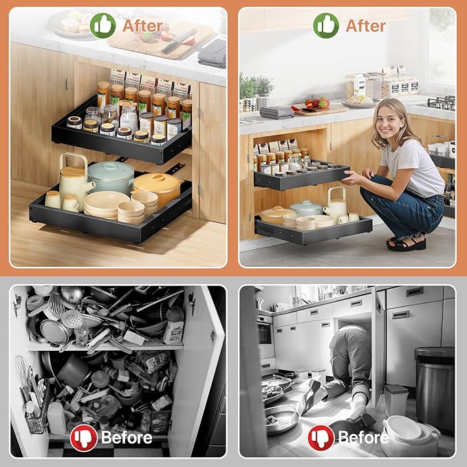 2 Pack Pull out Cabinet Organizer, Width (12"-19") Depth (17"-23"), with 3 Rails Adjustable Slide, Expandable Pullout Drawers for Cabinets, No Drill Adhesive Kitchen Drawers for Pantry Shelves - Image 7