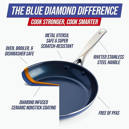 Blue Diamond 10" Nonstick Frying Pan Skillet, Diamond Infused PFAS & PTFE-Free Ceramic Pot, Dishwasher & Oven Safe, Stay Cool Handle, Durable Non Toxic Metal Utensil Safe, Egg & Omelet Pan, Blue - Image 4