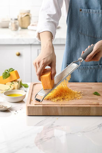 Spring Chef Stainless Steel Lemon Zester Grater with Handle - Garlic, Cheese, Parmesan, Nutmeg, Lime, Ginger Grater - Heavy Duty Kitchen Tool - Citrus Zester with Blade Cover - Fine Shred - Gray