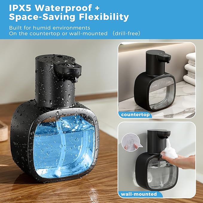 Automatic Foaming Soap Dispenser, 17oz/500ml Touchless Rechargeable with 4-Level Adjustable & IPX5 Waterproof - Level Display for Wall/Tabletop Use in Bathroom, Kitchen, Black - Image 4