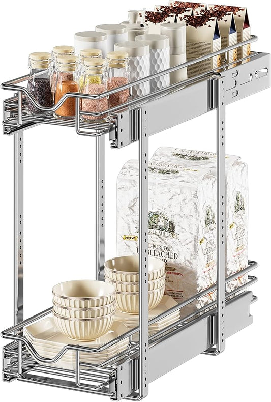 DINDON Pull Out Cabinet Organizer (7-1/2" W x 21-1/2"D), Cabinet Pull Out Shelves, 2 Tier Pull Out Drawers for Kitchen Cabinets, Wire Basket Slide Out Shelf for Cabinet Organization by DINDON