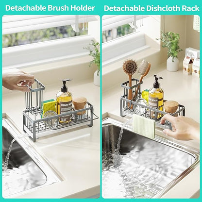 HapiRm Sponge Holder for Kitchen Sink - Self-draining Sink Caddy with Brush and Dishcloth Holders, Stainless Steel Kitchen Organizer for Countertop - Grey - Image 3