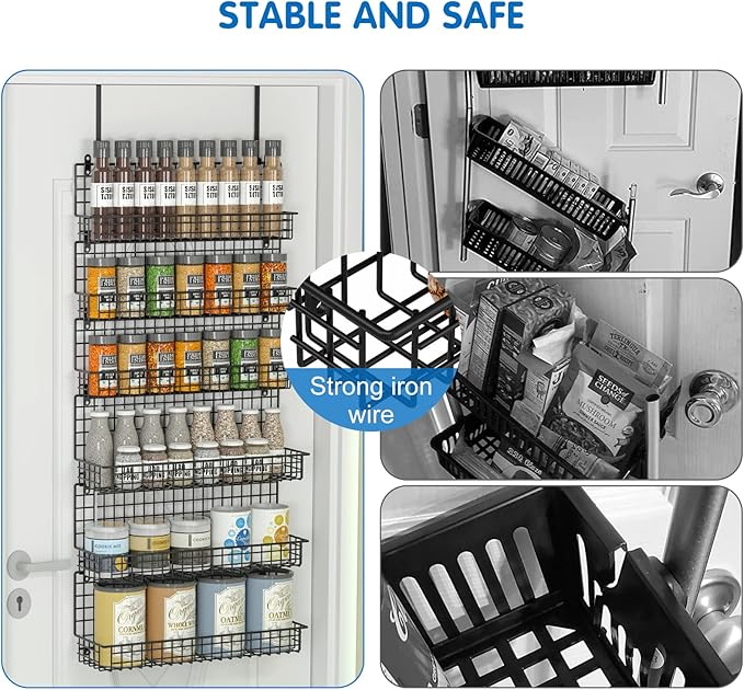 JKsmart 6-Tier Spice Rack Organizer with Door Hook, Wall Mounted & Over the Door Spice Racks for Kitchen Pantry Door Cabinet, Two Size, Large Capacity, Black - Image 4