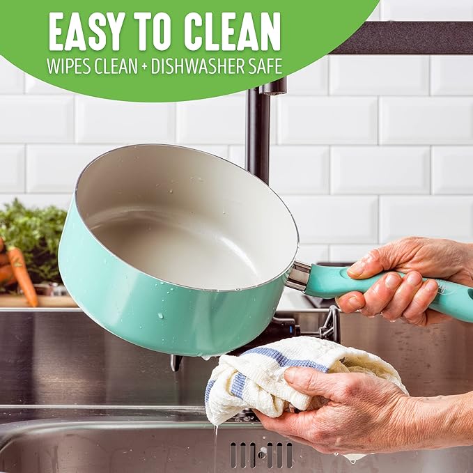 GreenLife Soft Grip Diamond Sandstone Healthy Ceramic Nonstick, 2QT Saucepan Pot with Lid, PFAS-Free, Dishwasher Safe, Turquoise and Cream - Image 4
