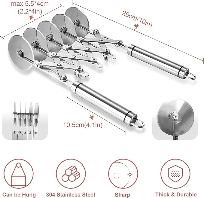 Star Brand Pastry Cutter with Grinder Spaghetti Dough Roller Knife Stainless Steel Pizza Slicer Pasta Wheeling Attice Roller Adjustable Dough Divider with Handle