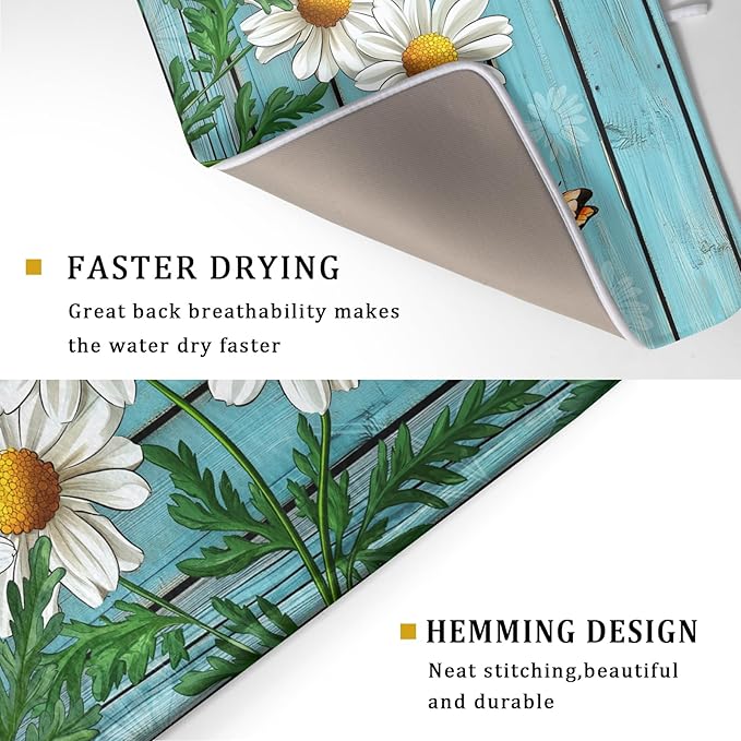 Spring Summer Daisy Flowers Dish Drying Mat for Kitchen Counter 18”x24” Rustic Daisy Absorbent Dish Drying Mat Reversible Microfiber Dish Drainer Rack Fast Drying Mat for Countertops Tableware Decor