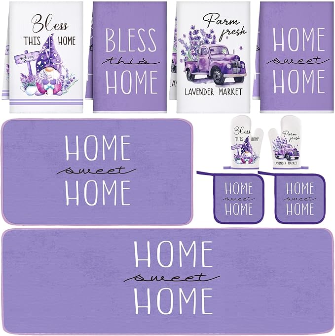 Fourluoo 10 Pcs Lavender Kitchen Decor Set Lavender Kitchen Towels Rugs Oven Mitts and Pot Holders for Cooking Baking Grilling Women Mom Gift