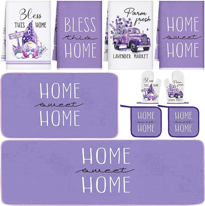 Fourluoo 10 Pcs Lavender Kitchen Decor Set Lavender Kitchen Towels Rugs Oven Mitts and Pot Holders for Cooking Baking Grilling Women Mom Gift