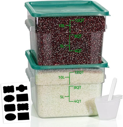 12QT NSF Food Storage Containers: 2 PCS [Food Grade][Hot&Cold Resistant] Commercial Clear Square Food Storage Containers with Scales Handles for Home Restaurant Kitchen Proof Dough(BPA FREE-GREEN N2) by SVKLHY