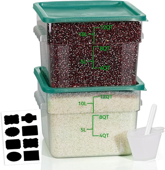 12QT NSF Food Storage Containers: 2 PCS [Food Grade][Hot&Cold Resistant] Commercial Clear Square Food Storage Containers with Scales Handles for Home Restaurant Kitchen Proof Dough(BPA FREE-GREEN N2) by SVKLHY