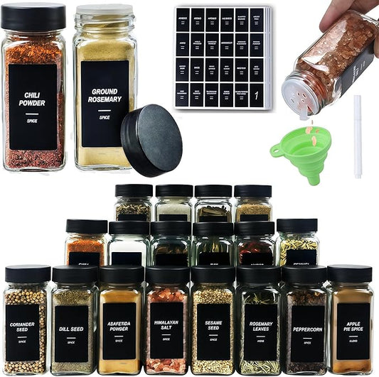 24Pcs Spice Jars Containers with Labels，4oz Black Seasoning Bottles with Shaker Lids for Rack, Cabinet, Drawer,Empty Square Condiment Pots (24, Black) by JARXSUN