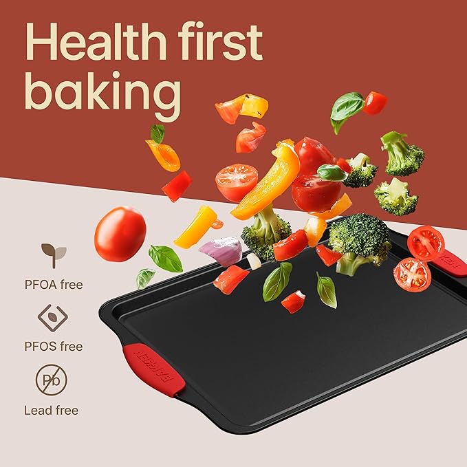 Baking Pan Set – 3 Piece Cookie Sheet – Deluxe Black Non-Stick Carbon Steel – Silicone Handles – Commercial Grade Restaurant Quality – PFOA PFOS and PTFE Free by Bakken - Image 7