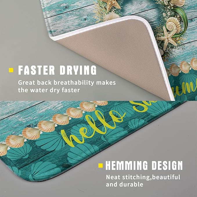 Hello Summer Dish Drying Mat for Kitchen Counter,Sea Shell Starfish Coastal Wreath Drying Mat 16 x 18 Inch with Absorbent Reversible Microfiber Drying Pad for Coffee Bar - Image 3