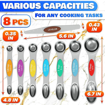 8 Pcs Magnetic Measuring Spoons Set Stainless Steel – Magnet Measuring Spoons 1/8 Tsp–1 Tbsp with Dual-Sided Design – Fits Narrow Spice Jars | Dry & Liquid Ingredients | Kitchen Ladle Gift Ideas