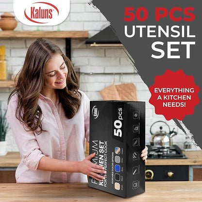 Kaluns 50 PCS Silicone Kitchen Utensils Set Complete Kitchen Set - 800°F Heat Resistant Non-Stick Premium Cooking Utensils W Wooden Handles - Can Opener, Masher, Turner, Silicone Spatula Set - Image 4