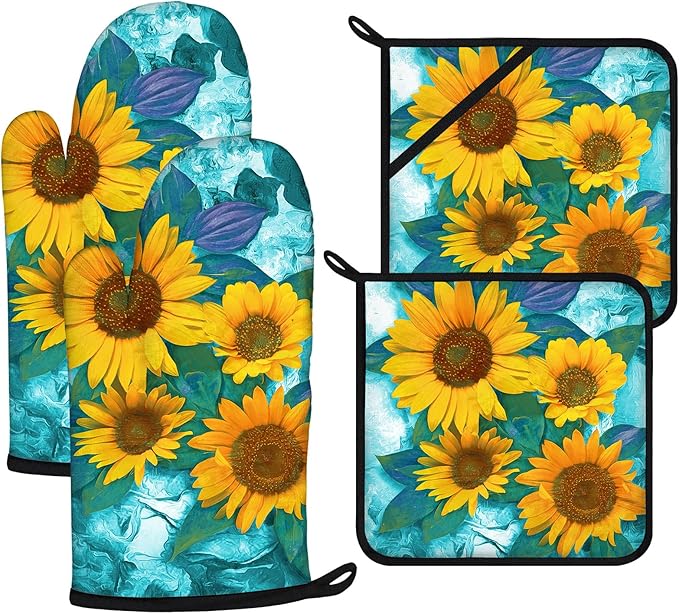 Sunflower Oven Mitts and Pot Holders Sets 4Pcs,Extra Long Oven Gloves Potholder for Kitchen Cooking Baking BBQ 100% Cotton Heat Resistant by VisittheDuibelproduct