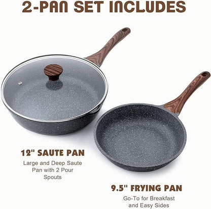 SENSARTE Nonstick Frying Pan Skillets, Swiss Granite Coating Omelette Pans, Healthy Cookware, Free of Intentionally Added PFOA (9.5 Inch Frying Pan and 5QT Saute Pan) - Image 3