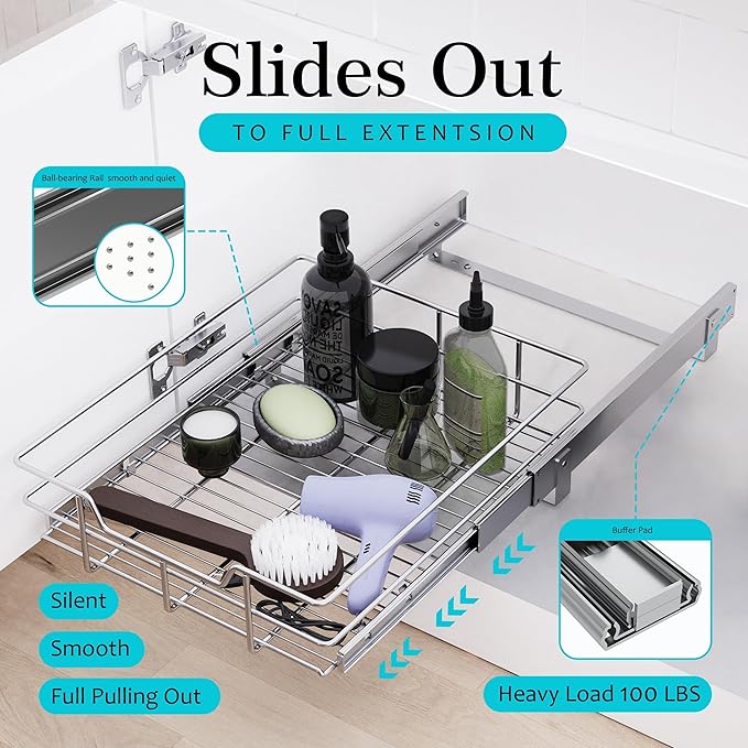 Pull Out Cabinet Organizer 14" W X 17" D, Slide Out Drawers For Kitchen Organizers and Storage, Pull Out Drawers For Cabinets Capacity Heavy Duty Caddy, Cabinet Shelves Chrome-Plated, Bathroom Pantry - Image 3