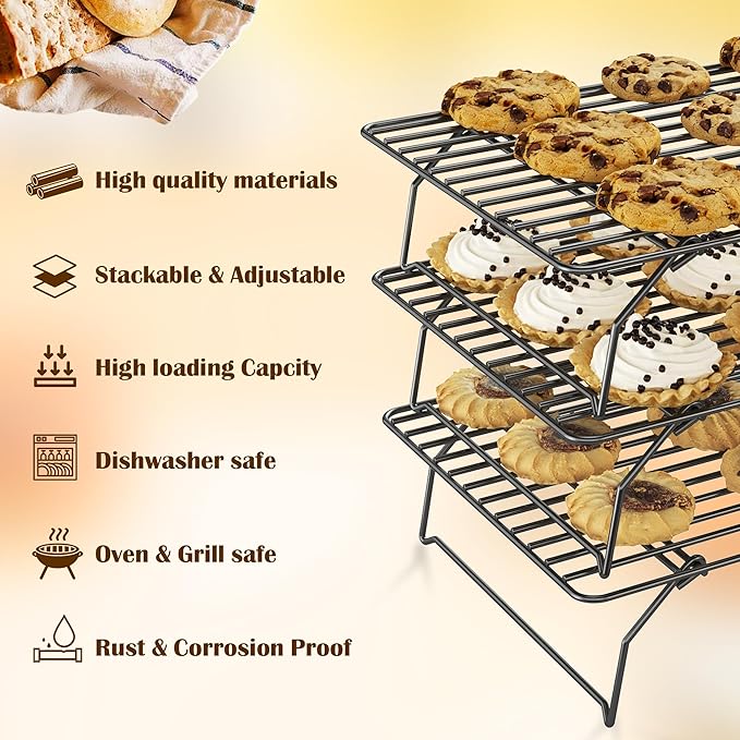 3 Tier Stackable Cooling Rack for Batch Cooling Cookie, Pizza, Cake-15.8”x 10”- Heavy Duty Cooling Racks for Cooking and Baking, Oven and Dishwasher Safe Baking Supplies-Black - Image 2
