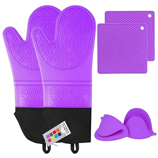 Silicone Oven Mitts and Pot Holders Sets, MTZRFLL Extra Long Heat Resistant Oven Gloves with Hot Pads and Mini Oven Mits Set for Kitchen Cooking Baking, Soft Quilted Lining, Pack of 6 (Purple) by MTZRFLL