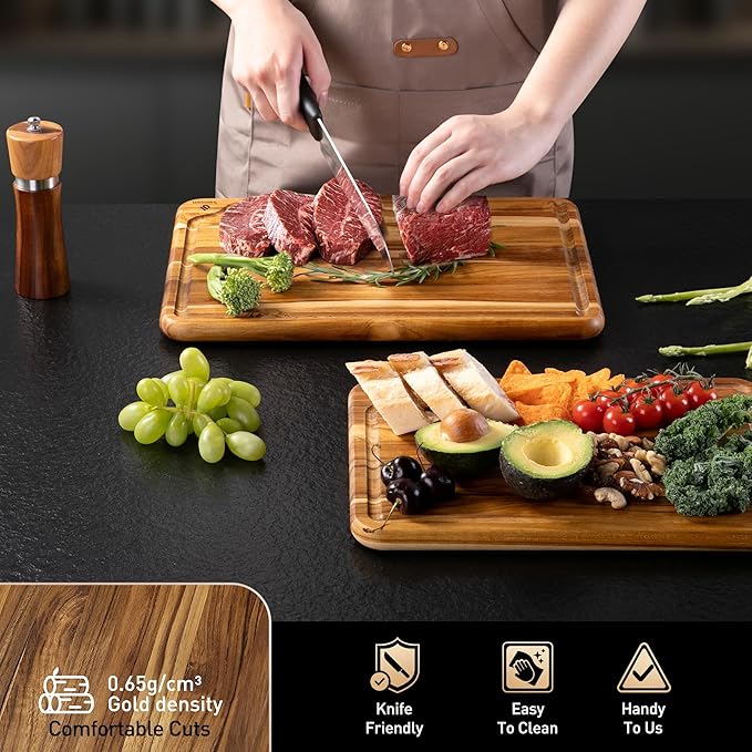 2 Pack Teak Cutting Board for Kitchen Wooden Chopping Board Charcuterie Board Non Slip Over Sink NOT Bamboo Stainless Steel Titanium Acrylic Acacia Olive Glass Plastic Silicone Metal - Image 5
