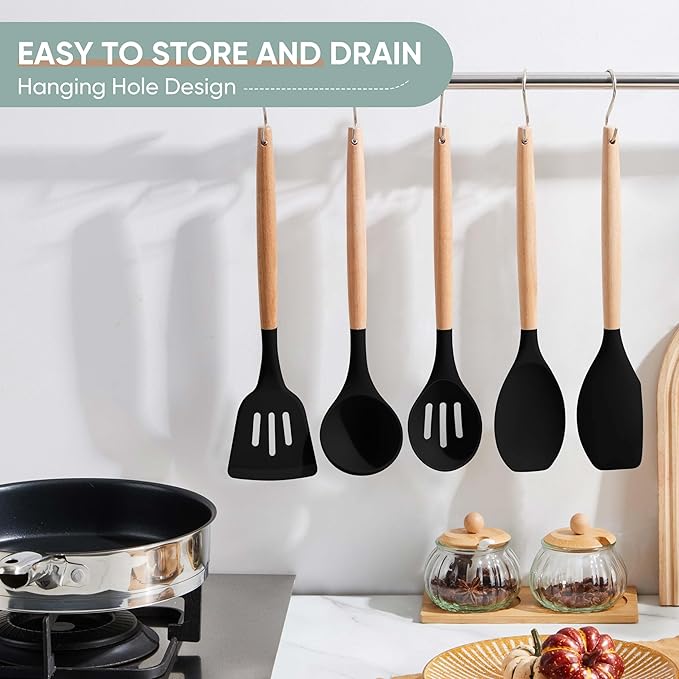 Herogo 5-Piece Cooking Utensils Set, Silicone Kitchen Utensils Set with Wooden Handle, Heat Resistant Cooking Tools Slotted Turner, Spoon, Soup Ladle, Spatula, Spoonula for Nonstick Cookware, Black - Image 6