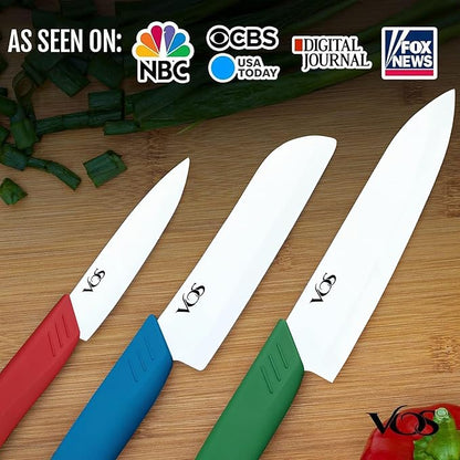 Vos Ceramic Knife Set in Elegant Gift Box, Ceramic Knives Set For Kitchen, Ultra Sharp Kitchen Knife Set with Covers, 4" 5" 6" Paring, Santoku & Chef Knife, Lightweight, Dishwasher safe (Multi-Color)