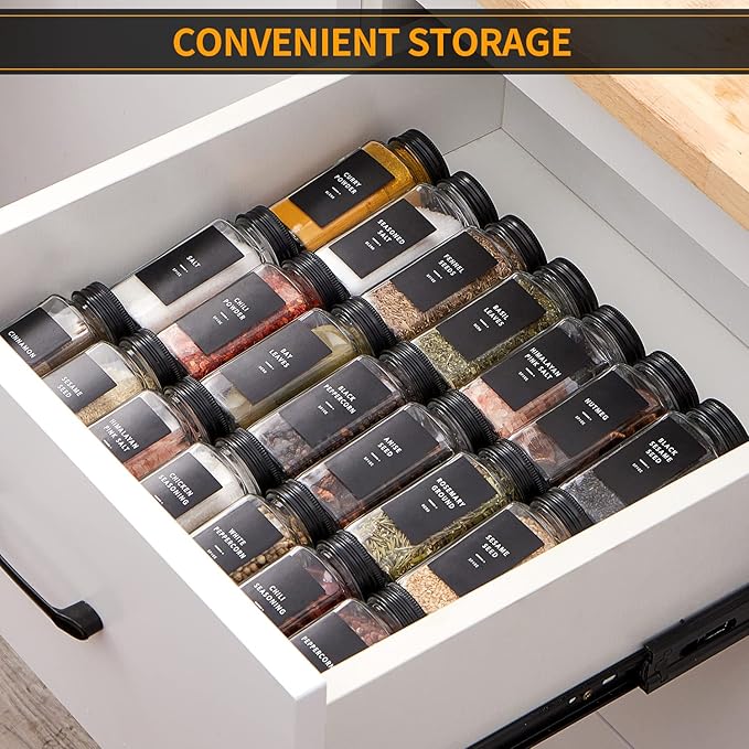 Skiileor 25 Pcs Spice Jars with Label- Glass Spice Jars with Black Metal Caps,Shaker Lids, Funnel, Chalk Pen, 4oz Seasoning Containers Bottles for Spice Rack, Cabinet, Drawer - Image 6