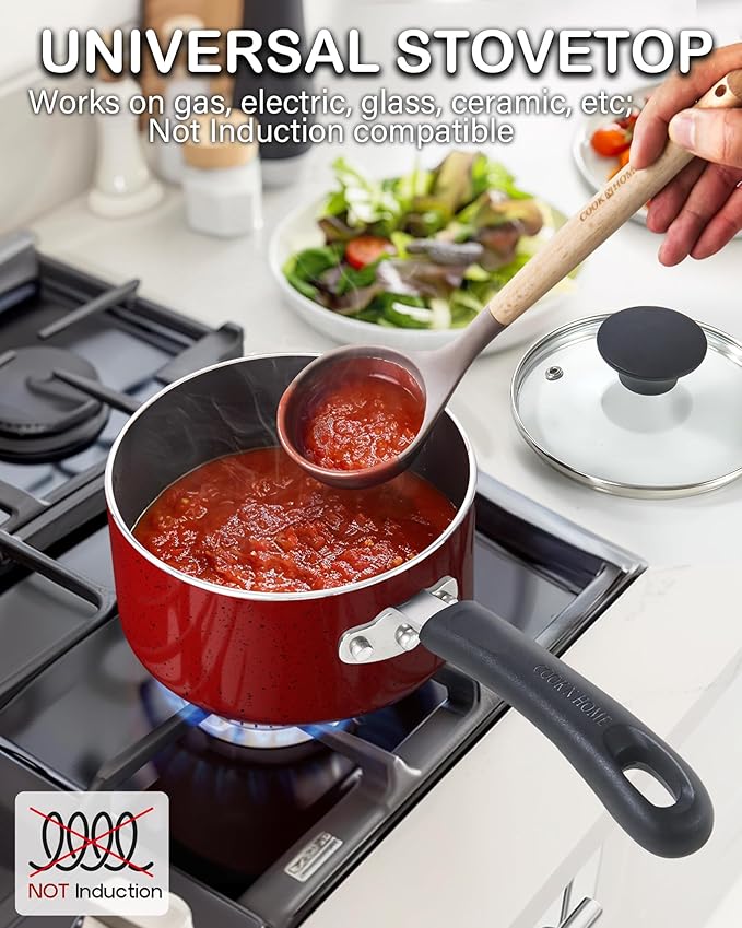 Cook N Home Non Stick Sauce Pan, 1 Quart Saucepan with Glass Lid, Nonstick Small Multi-purpose Pot, Milk Chocolate Aluminum Cooking Pot Pan with Stay-Cool Handle, Marble Red - Image 3
