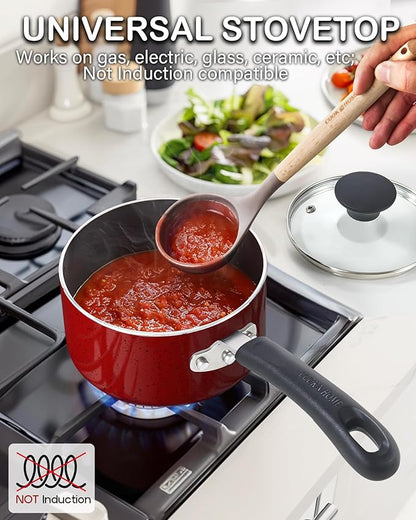 Cook N Home Non Stick Sauce Pan, 1 Quart Saucepan with Glass Lid, Nonstick Small Multi-purpose Pot, Milk Chocolate Aluminum Cooking Pot Pan with Stay-Cool Handle, Marble Red - Image 3