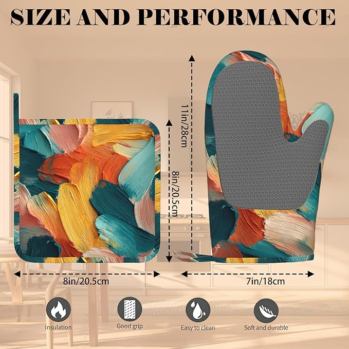Abstract Oil Painting Heat-Resistant Oven Mitts and Pot Holder Kitchen Non-Slip Silicone Cooking Microwave Gloves for Cooking Baking Grilling BBQ