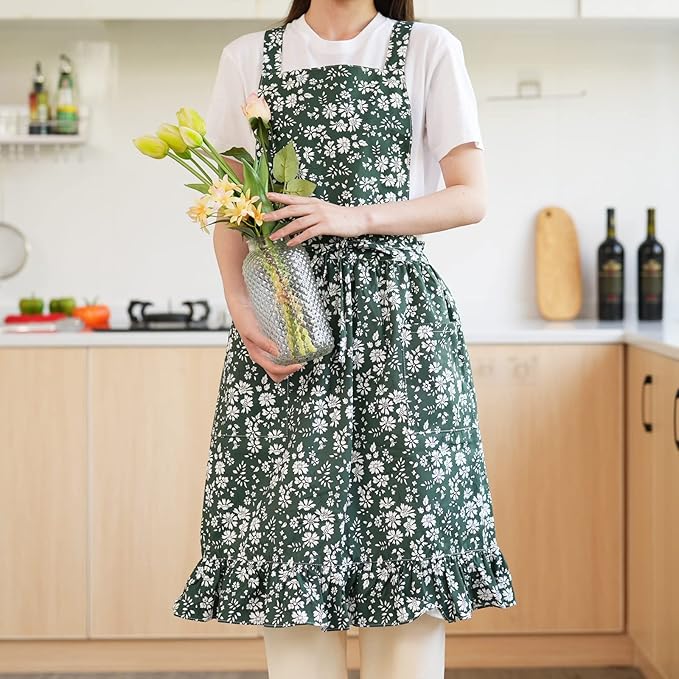 Pinknoke Vintage Pinafore Apron Dress for Women with Pockets Cute Floral Chef Aprons for Kitchen Cooking Baking Gardening - Image 2