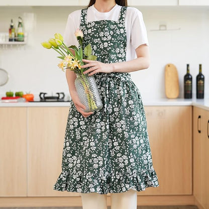 Pinknoke Vintage Pinafore Apron Dress for Women with Pockets Cute Floral Chef Aprons for Kitchen Cooking Baking Gardening - Image 2
