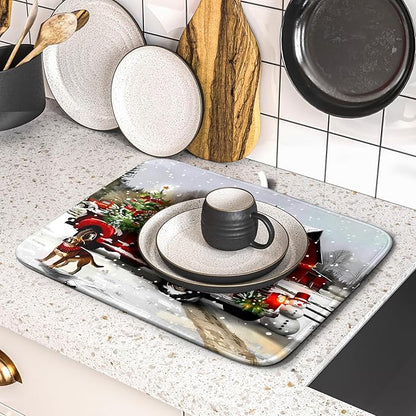 Red Truck Christmas Dish Drying Mat for Kitchen Counter 16x18 Inch Winter Xmas Tree Snowman Dog Print Absorbent Reversible Microfiber Drying Mats Kitchen Countertop Protector Dishes Drainer Rack Pad - Image 5