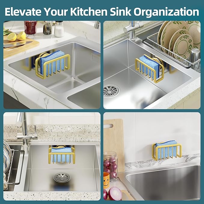 TAILI Sink Caddy with Strong Suction Cup, Sponge Holder for Kitchen Sink Oganizer, Removable Rustproof Aluminum Sponge Holder, Dish Brush for Scraper - Gold - Image 6