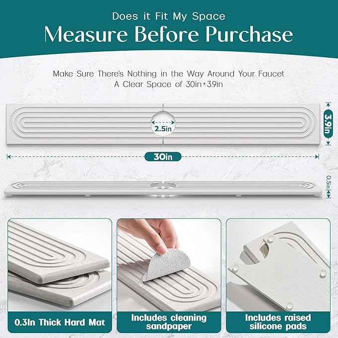 eormoe 30 Inch Faucet Mat for Kitchen Sink - Instant Dry Sink Protector for Countertop, Extra-Long Diatomaceous Earth Stone Sink Tray Around Faucet for Kitchen Bathroom RVs (Light Grey, 30" x 3.9") - Image 2
