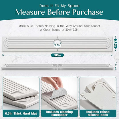 eormoe 30 Inch Faucet Mat for Kitchen Sink - Instant Dry Sink Protector for Countertop, Extra-Long Diatomaceous Earth Stone Sink Tray Around Faucet for Kitchen Bathroom RVs (Light Grey, 30" x 3.9") - Image 2