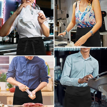 NLUS 1 Pack Server Apron with 3 Pockets, Water Oil Stain Resistant Waitress Waiter Apron Black Waist Aprons Bistro Apron for Women Men, 24 X 12 inch
