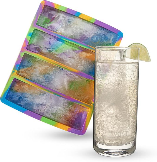 Host Ice Cube Tray, Makes Four 5-Inch Long Cubes, Durable Silicone Trays with Easy Release Design, Perfect for Water Bottles and Highball Glasses, Home Bar Accessories, Set of 1, Colored Marble