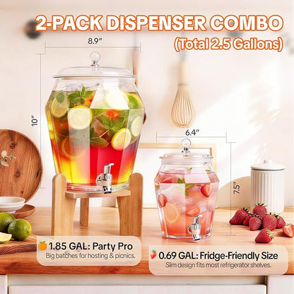 2 PCS Drink Dispenser Set, 2.5 Gallon Total Capacity (7L & 2.6L) - Shatterproof Plastic Beverage Containers with Wood Stand, Leak-Proof Spigot for Juice, Tea, Lemonade & Mimosa Bar Hosting - Image 2