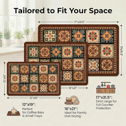 Boho Dish Drying Mat for Kitchen Counter - Super Absorbent Faux Leather Kitchen Mat, Quick Dry & Non-Slip Countertop Protector, Aesthetic Bohemian Decor for Coffee Bar (16"x21", Boho)