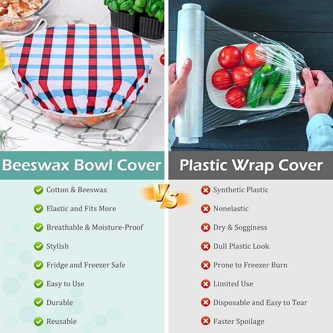 5-Size Reusable Beeswax Bowl Covers for Bread Proofing, Cotton Cloth Flexible Beeswax Wraps for Food Storage(Fruit Grid) - Image 7