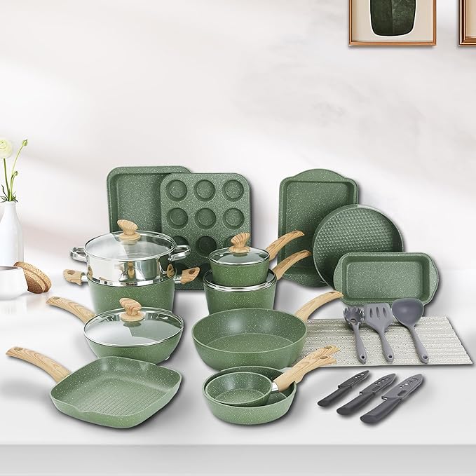DishDelight Green Pots and Pans Set Non Stick, 30 Piece Induction Kitchen Cookware Sets for Cooking, Non Toxic Granite Pot and Pans Set, PFOA&PFOA Free - Image 3