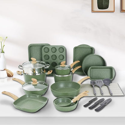 DishDelight Green Pots and Pans Set Non Stick, 30 Piece Induction Kitchen Cookware Sets for Cooking, Non Toxic Granite Pot and Pans Set, PFOA&PFOA Free - Image 3