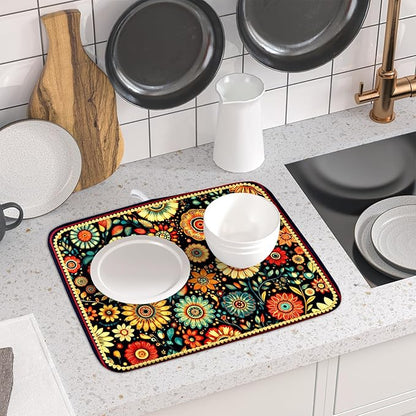 Bohemian Style Flowers Drying Pad Boho Floral Dish Drying Mat for Kitchen Counter Absorbent Microfiber Drainer Rack Mat - Image 6