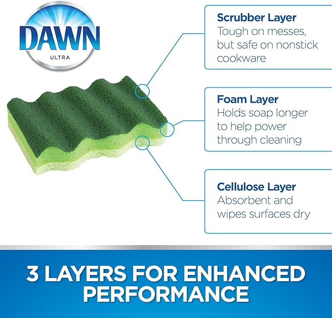 Dawn Power Clean Dual-Sided Scrubber Sponges for Dishwashing, Wave-Shaped Kitchen Sponges for Dish Cleaning, Pack of 12, Green