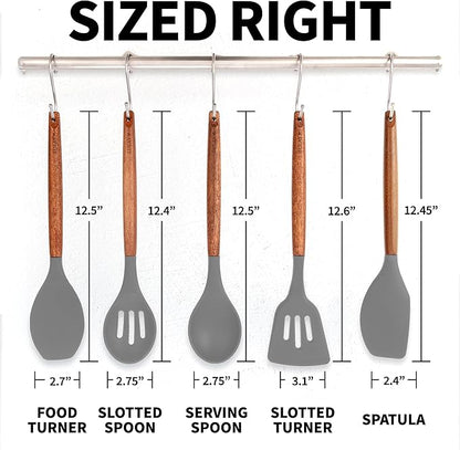 Zulay Kitchen Utensils Set Non-Stick Silicone Cooking Utensils Set with Authentic Acacia Wood Handles - 5 Piece Silicone Utensil Set - Kitchen Utensils Set with 464°F Heat Resistance - Gray - Image 8