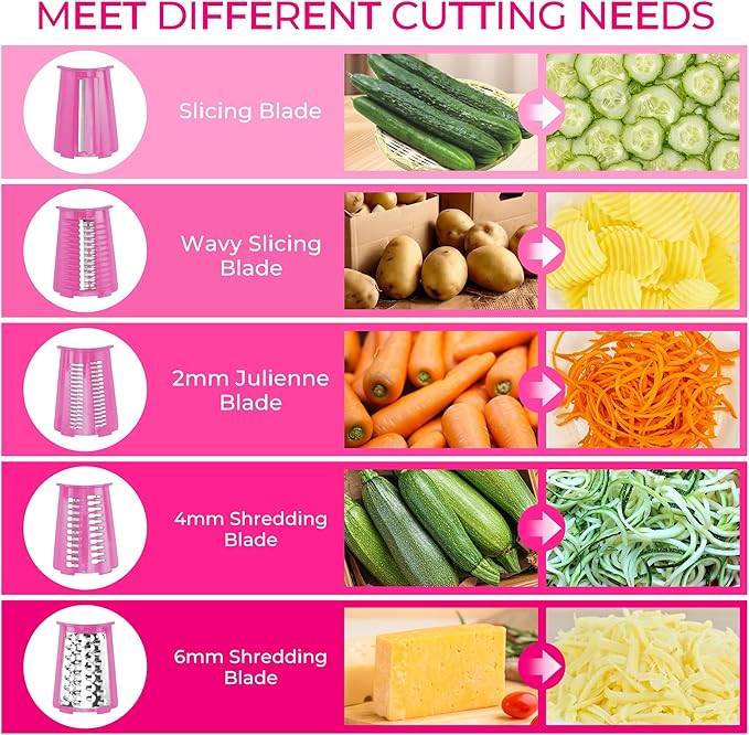 SUSTEAS Rotary Cheese Grater with Handle - Vegetable Shredder with 5 Well-designed Blades & Strong Suction Base,Round Mandoline Slicer & Food Chopper for Kitchen,with Blade Storage Box(Pink) - Image 4